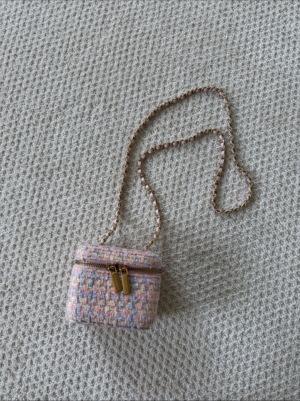 Pink Tweed Mini Crossbody Bag with Gold Chain